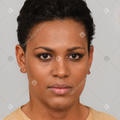 Neutral black young-adult female with short  brown hair and brown eyes