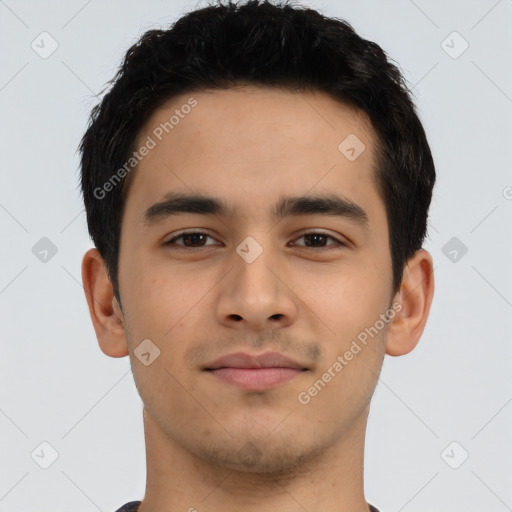 Neutral asian young-adult male with short  black hair and brown eyes