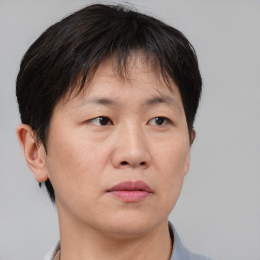 Neutral asian adult male with short  brown hair and brown eyes
