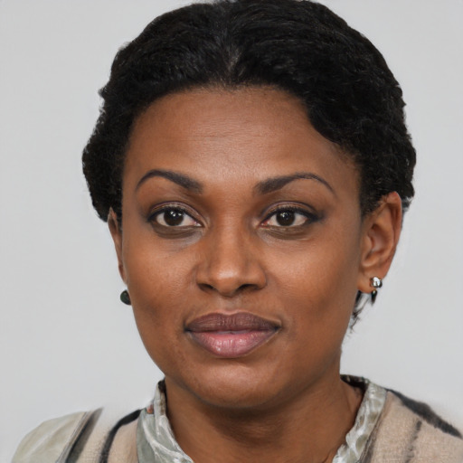 Joyful latino young-adult female with short  black hair and brown eyes