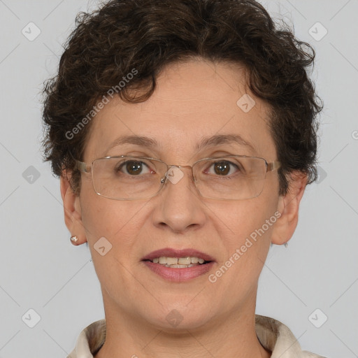 Joyful white adult female with short  brown hair and brown eyes