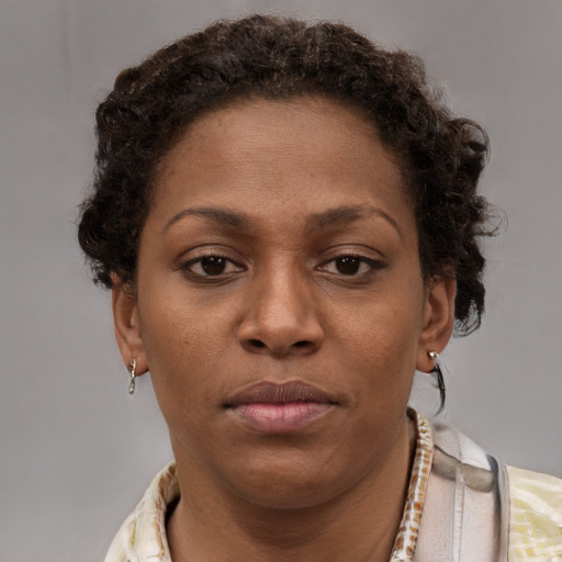 Neutral black young-adult female with short  brown hair and brown eyes