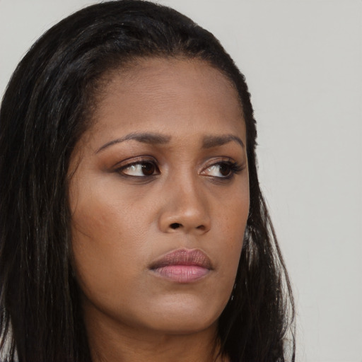 Neutral asian young-adult female with long  brown hair and brown eyes