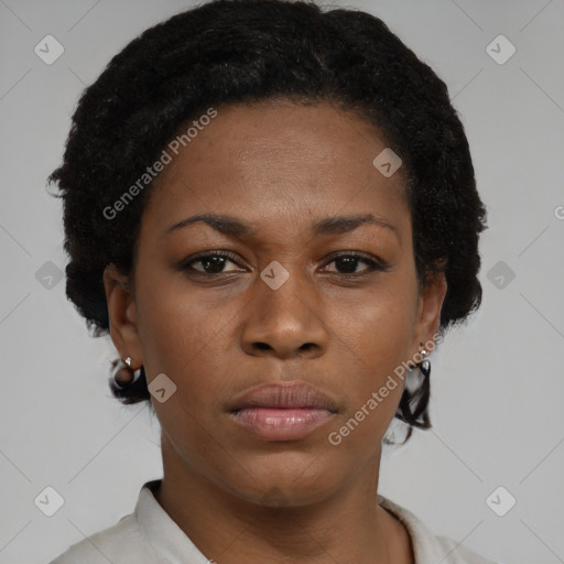 Neutral black young-adult female with short  black hair and brown eyes