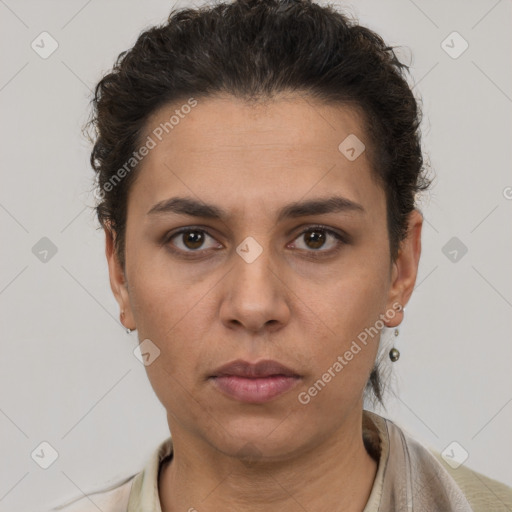 Neutral white young-adult female with short  brown hair and brown eyes