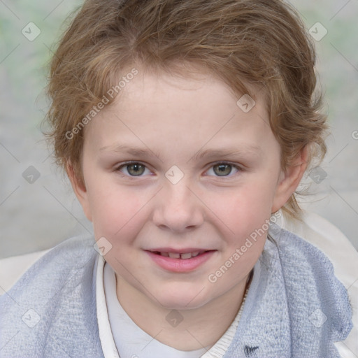 Joyful white child female with medium  brown hair and blue eyes