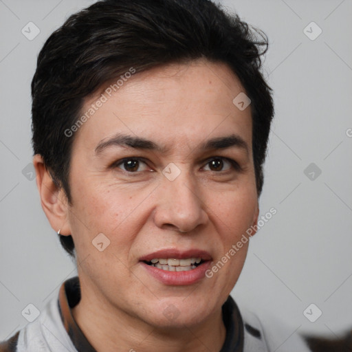 Joyful white adult female with short  brown hair and brown eyes