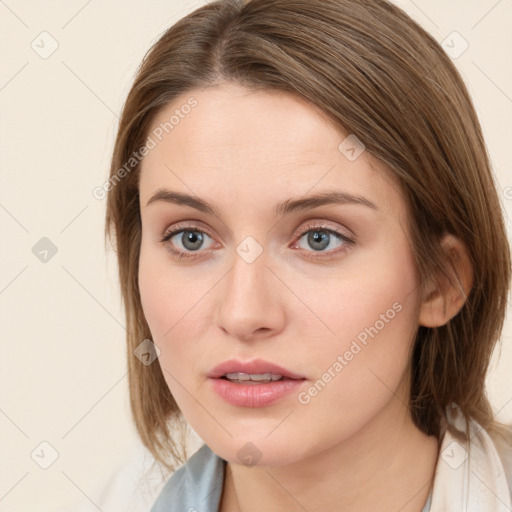 Neutral white young-adult female with medium  brown hair and grey eyes