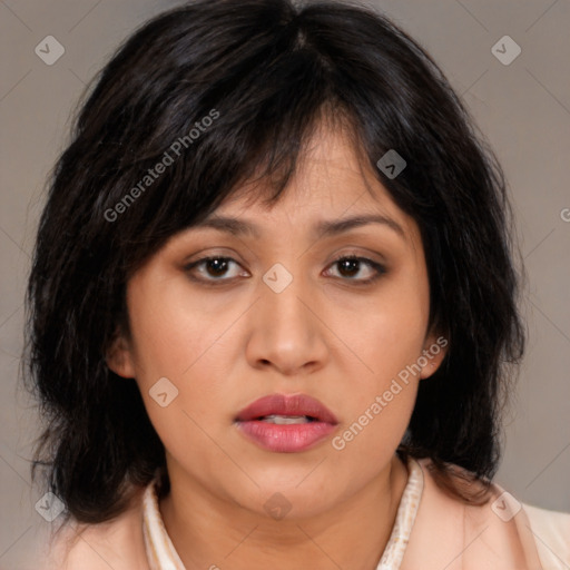 Neutral asian young-adult female with medium  brown hair and brown eyes