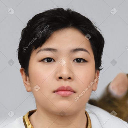 Neutral asian young-adult female with short  black hair and brown eyes