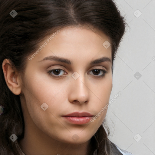 Neutral white young-adult female with long  brown hair and brown eyes