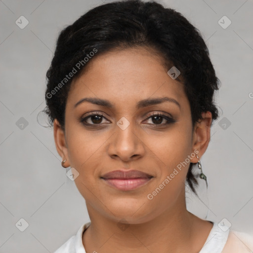 Joyful latino young-adult female with short  brown hair and brown eyes