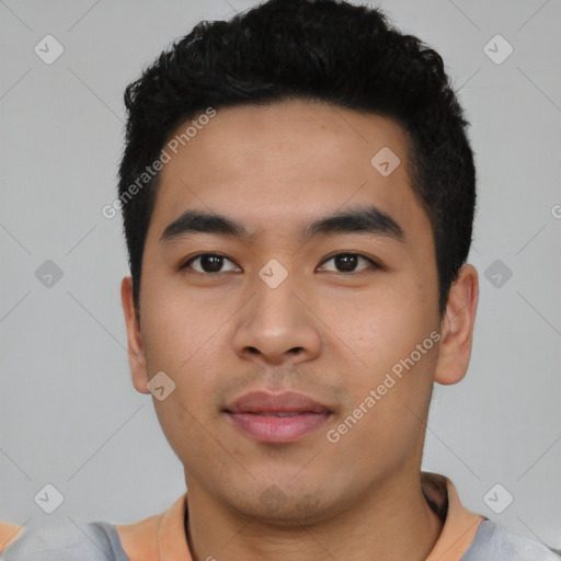 Neutral asian young-adult male with short  black hair and brown eyes