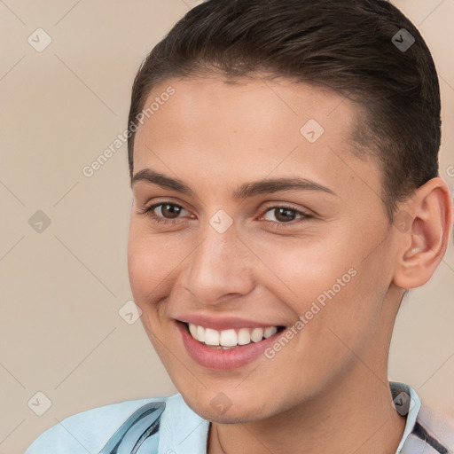 Joyful white young-adult female with short  brown hair and brown eyes