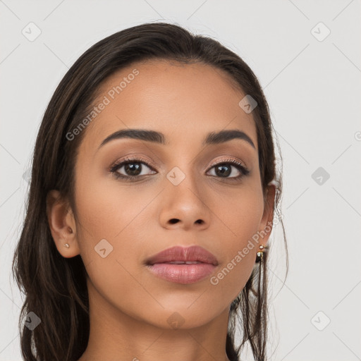 Neutral white young-adult female with long  brown hair and brown eyes