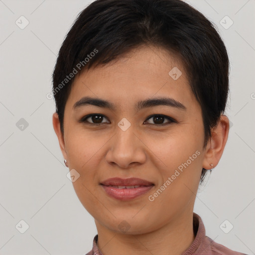 Joyful asian young-adult female with short  brown hair and brown eyes