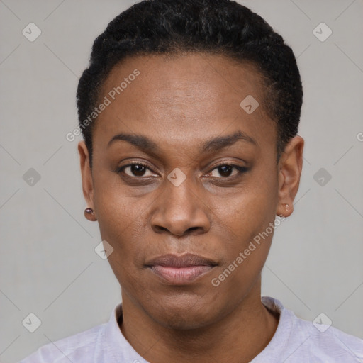 Neutral black young-adult female with short  black hair and brown eyes