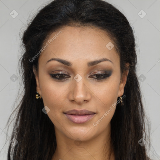 Joyful latino young-adult female with long  brown hair and brown eyes