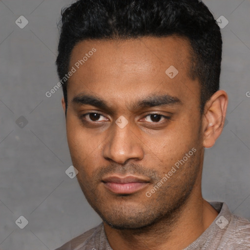 Neutral latino young-adult male with short  black hair and brown eyes