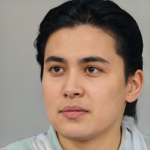 Neutral white young-adult male with short  black hair and brown eyes