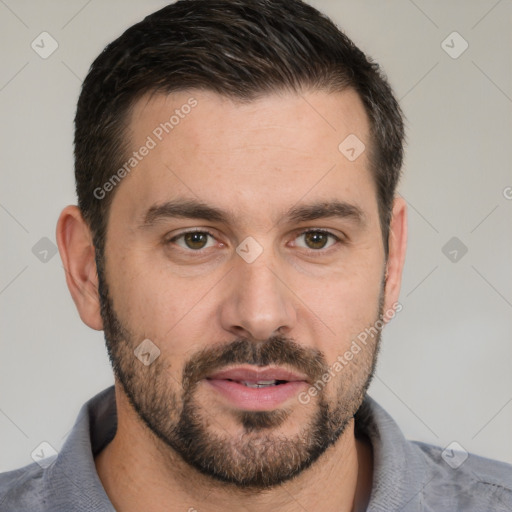 Neutral white young-adult male with short  black hair and brown eyes