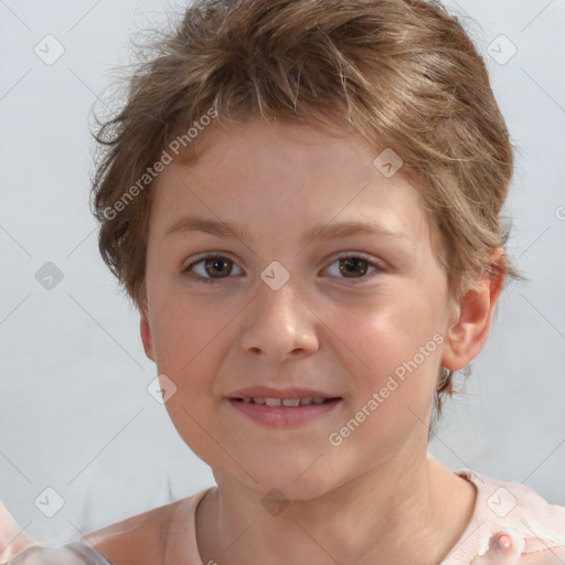 Joyful white child female with short  brown hair and brown eyes