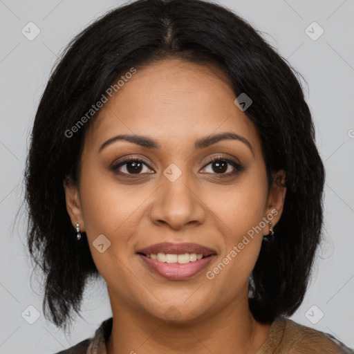 Joyful latino young-adult female with medium  brown hair and brown eyes