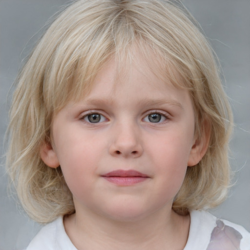 Neutral white child female with medium  blond hair and blue eyes