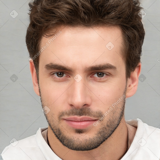 Neutral white young-adult male with short  brown hair and brown eyes