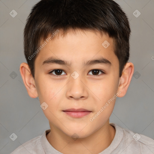 Joyful white child male with short  brown hair and brown eyes