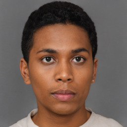 Neutral black young-adult male with short  black hair and brown eyes