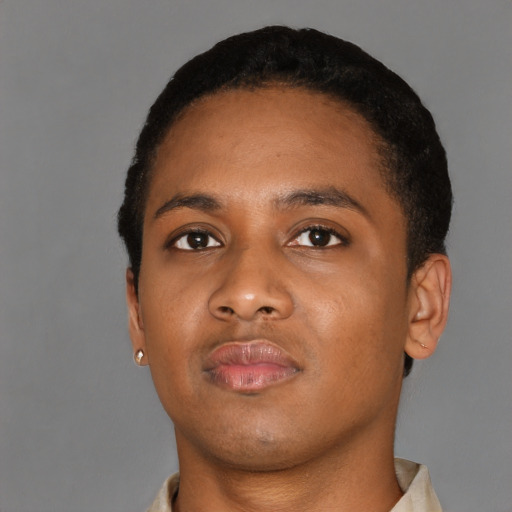 Neutral black young-adult male with short  black hair and brown eyes