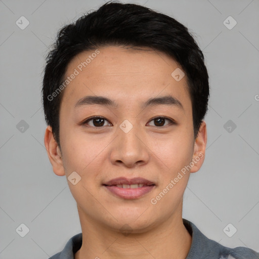 Joyful asian young-adult male with short  black hair and brown eyes