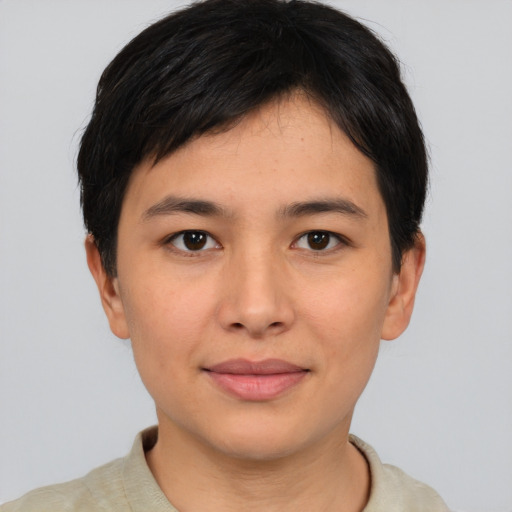 Joyful asian young-adult female with short  brown hair and brown eyes