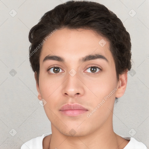 Neutral white young-adult male with short  brown hair and brown eyes