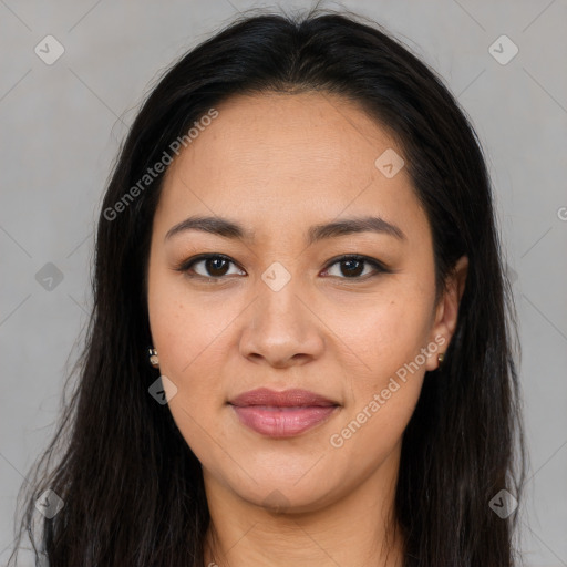 Joyful asian young-adult female with long  brown hair and brown eyes