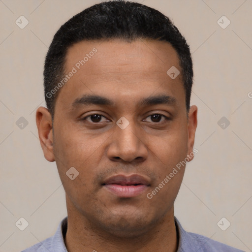 Neutral latino young-adult male with short  black hair and brown eyes