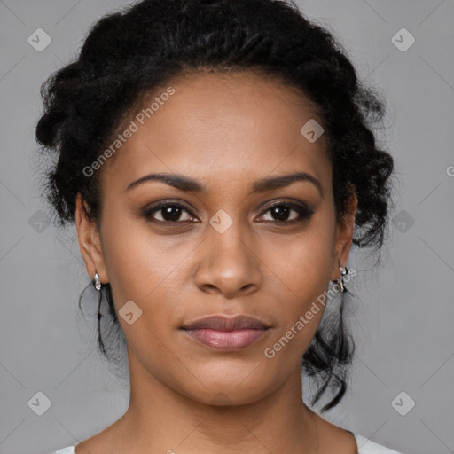 Joyful black young-adult female with medium  black hair and brown eyes