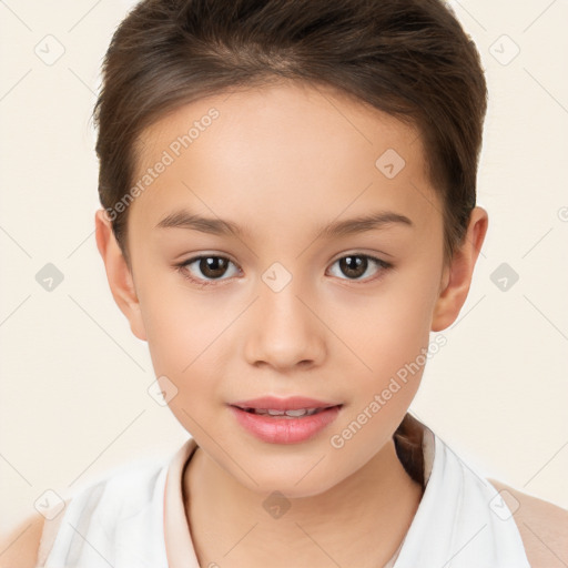 Joyful white child female with short  brown hair and brown eyes