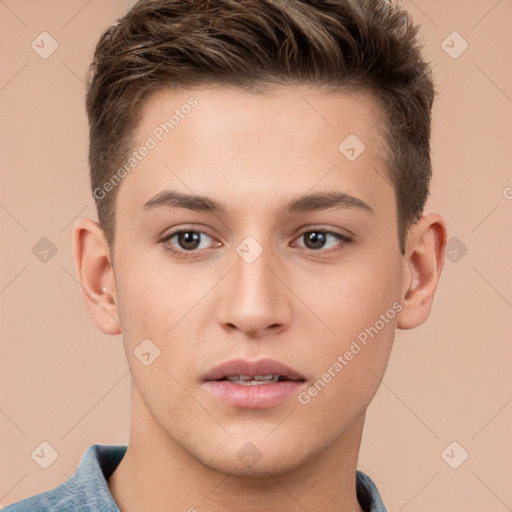 Neutral white young-adult male with short  brown hair and brown eyes