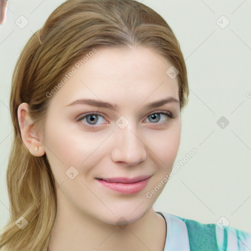 Joyful white young-adult female with medium  brown hair and green eyes