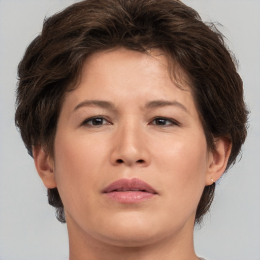 Neutral white adult female with short  brown hair and brown eyes