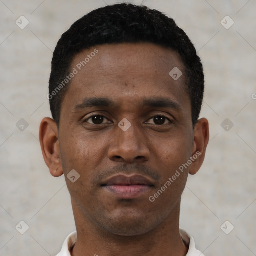 Neutral black young-adult male with short  black hair and brown eyes