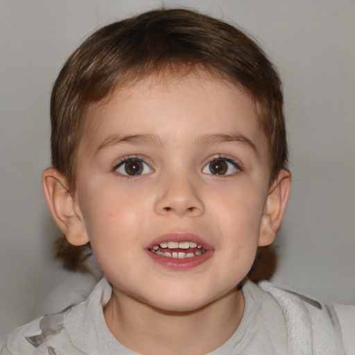 Joyful white child male with medium  brown hair and brown eyes