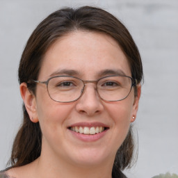 Joyful white adult female with medium  brown hair and grey eyes