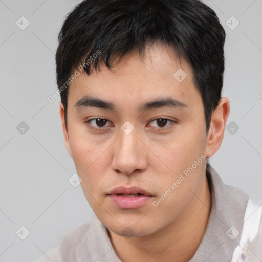 Neutral asian young-adult male with short  brown hair and brown eyes