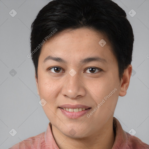 Joyful white young-adult female with short  brown hair and brown eyes