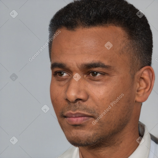 Neutral black young-adult male with short  black hair and brown eyes