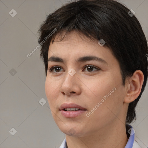 Neutral white young-adult female with short  brown hair and brown eyes