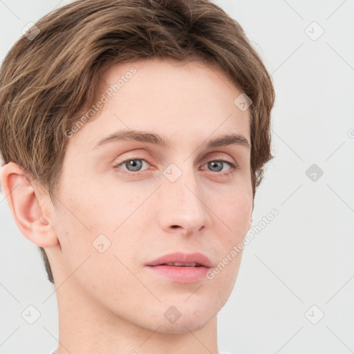 Neutral white young-adult male with short  brown hair and grey eyes